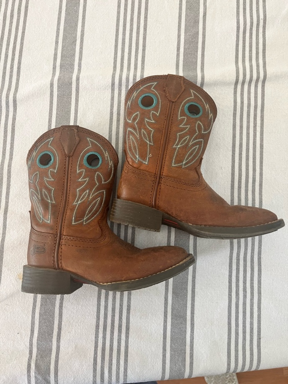 Justin Boots Brown Kids Western Pull-On Boots with Teal Stitching
